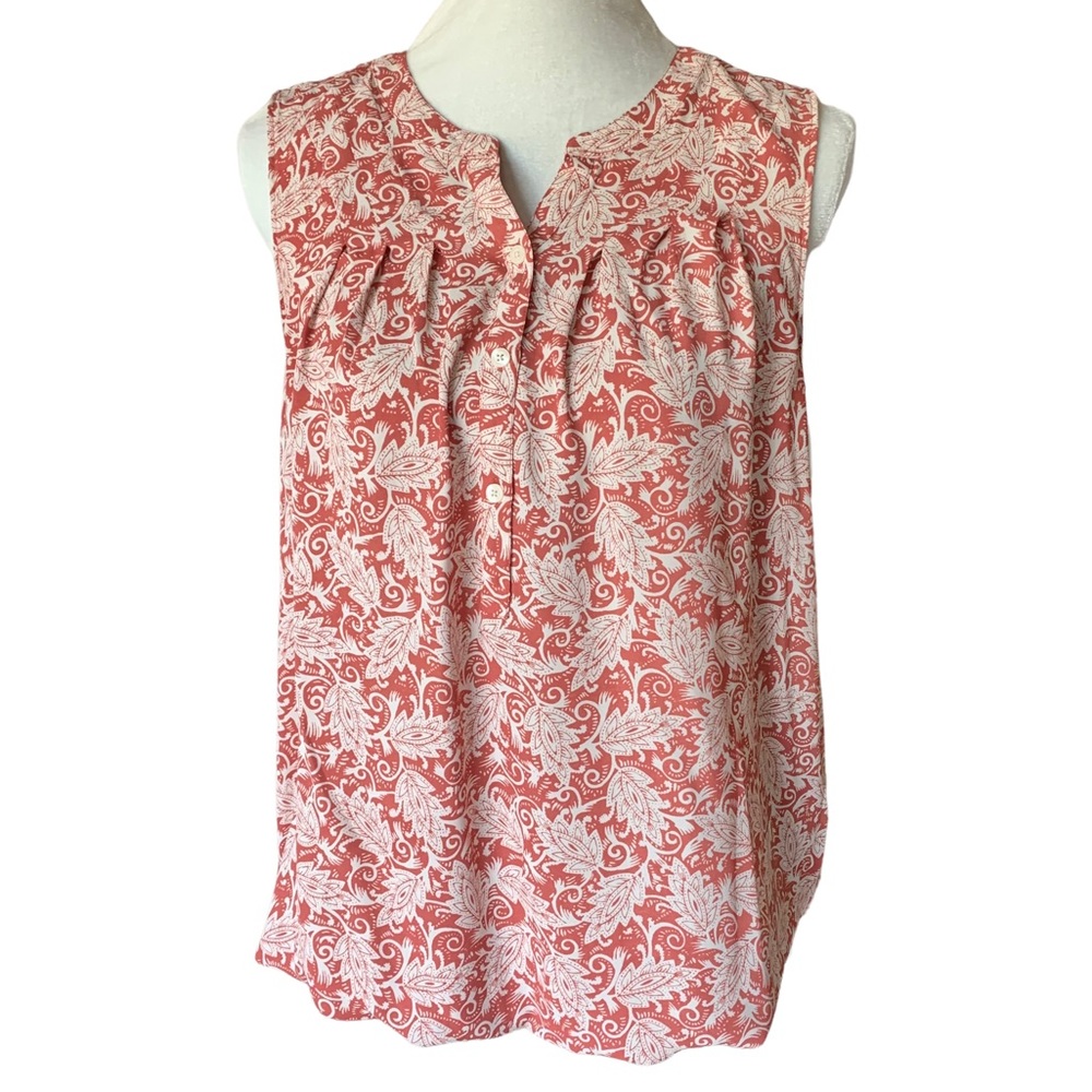 Ann Taylor Loft Coral White Floral Pleated Sleeveless Half Button Chiffon Blouse